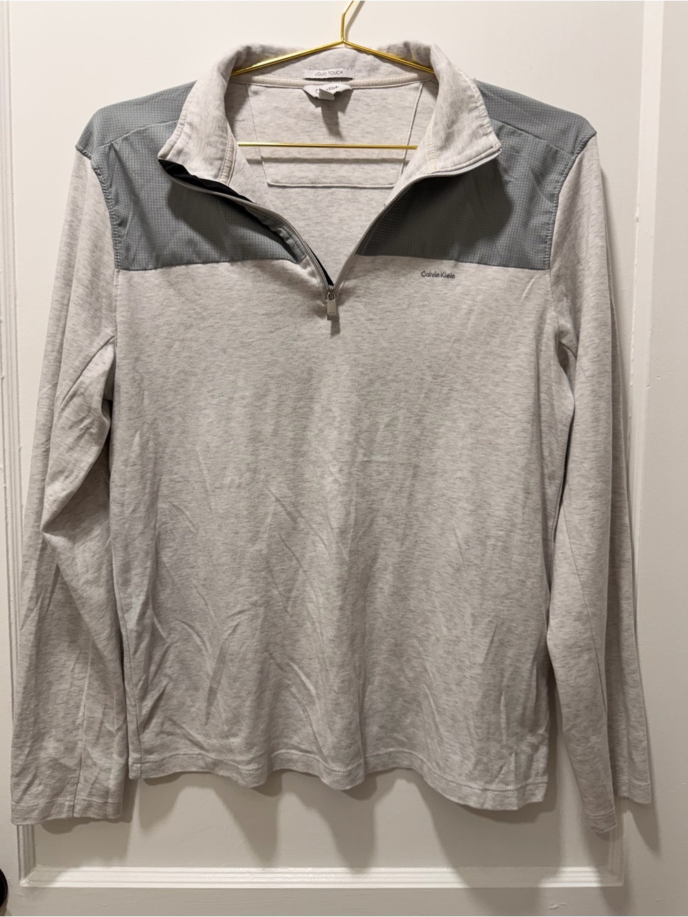 Calvin Klein Men's Light Gray Quarter-Zip Pullover with Charcoal Panel